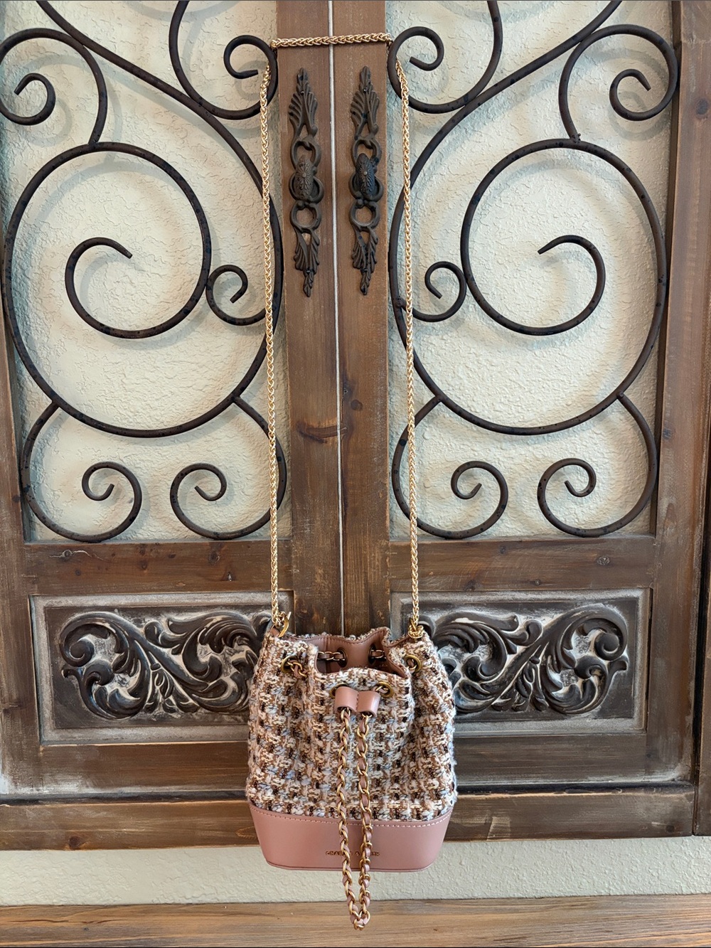 Charles & Keith Pink Tweed Drawstring Bucket Bag with Gold Chain